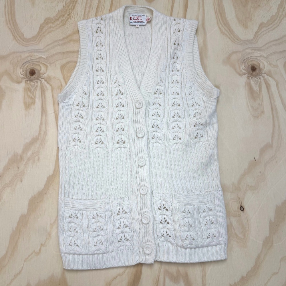 Vintage Kimlon Cream White Pointelle Knit Button Front Sweater Vest Womens Med